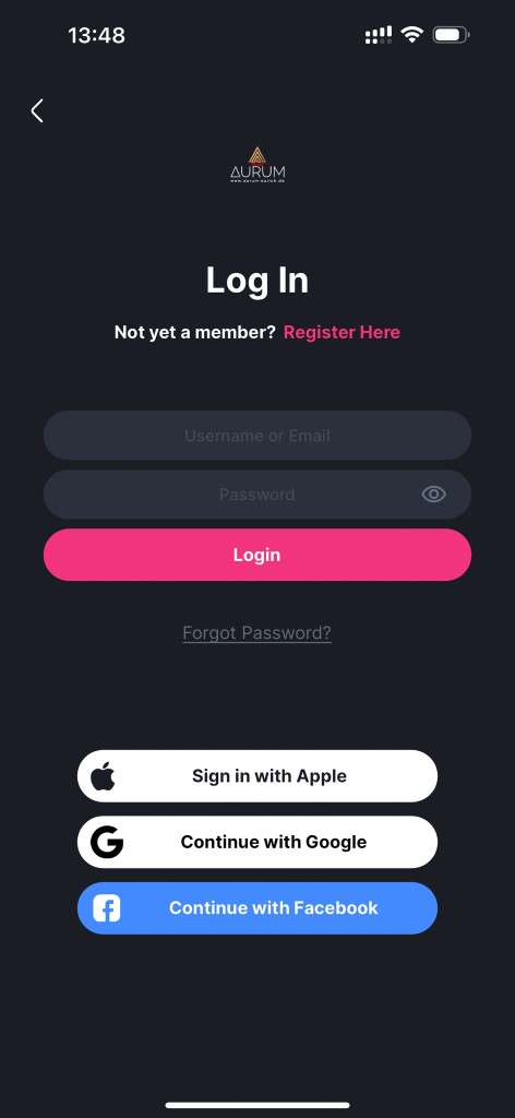 Guestastic App – Login-Bildschirm im Aurum-Branding