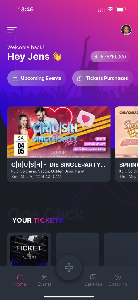 Guestastic App – Startseite mit persönlicher Begrüßung und Event-Highlights